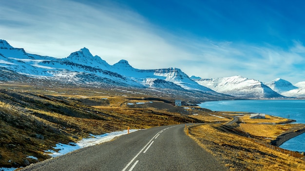 long straight road in winter.