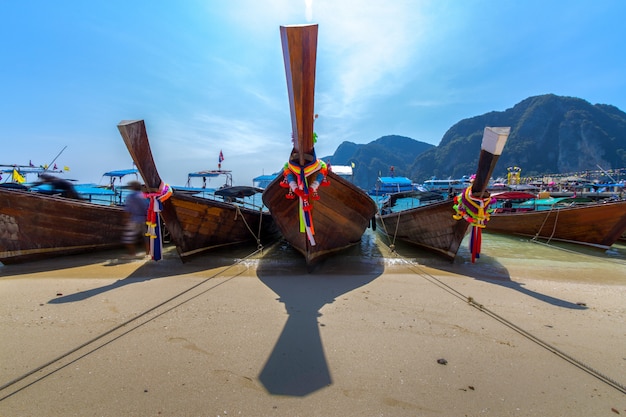 Long tail boat on tropical beach, Krabi, Thailand