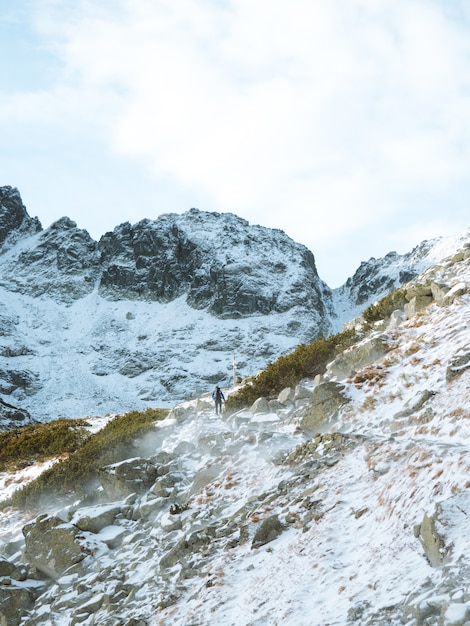 Long vertical shot of a winter landscape with a man hiking at the Tatra mountains in Poland