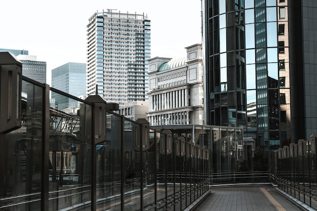 Long view modern skyscrapers office buildings