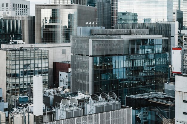 Long view modern skyscrapers office buildings