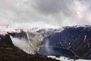 Free photo look from above at blue lake among tall rocks in the norway