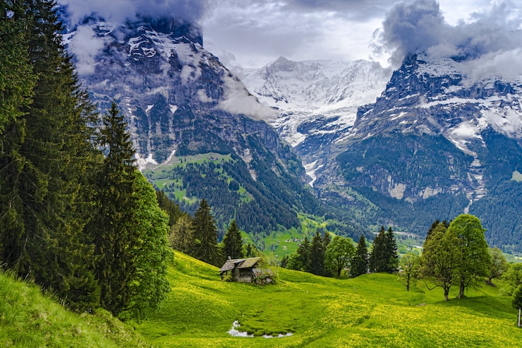 Free Photo looking across the valley to the towering mountains