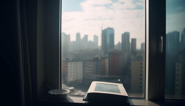 Looking through modern window at urban skyline generated by AI