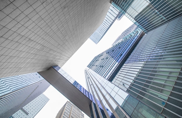 Looking up at business buildings