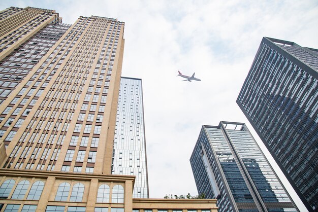 Looking up at business buildings