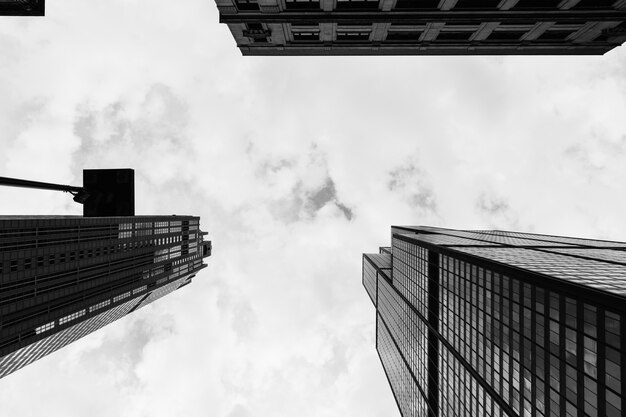 Looking up tall skyscrapers in an urban city
