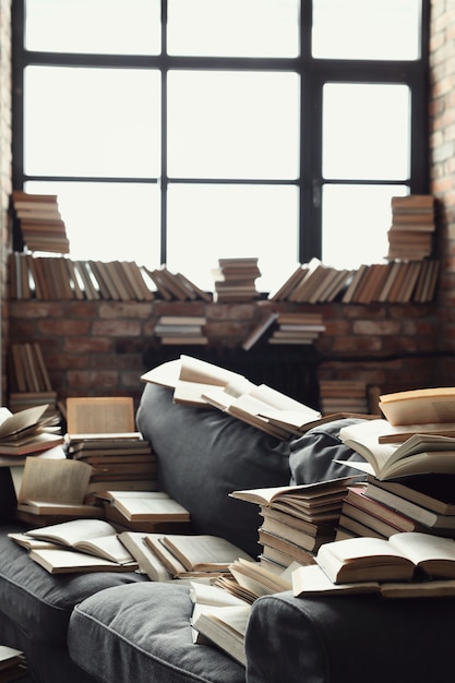 A lot of books lying on the sofa. nobody