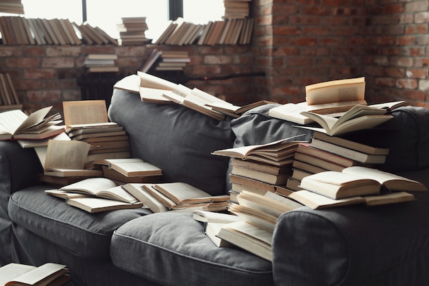 A lot of books lying on the sofa. Nobody