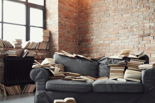 A lot of books lying on the sofa. Nobody