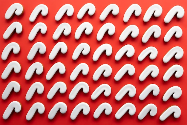 Free photo a lot of gingerbread candy cane shaped cookies on a red background