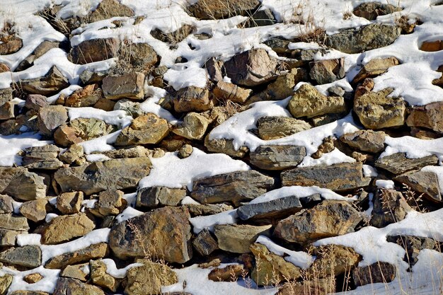 Lot of rocks in different sizes covered with snow