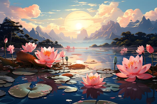 lotus lake painting landscape illustration