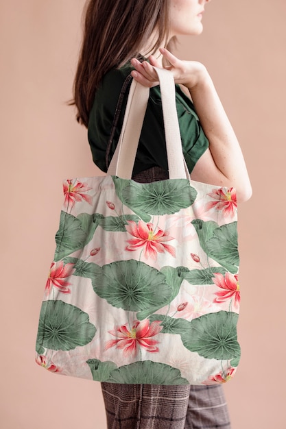 Lotus pattern tote bag, remix from artworks by Megata Morikaga