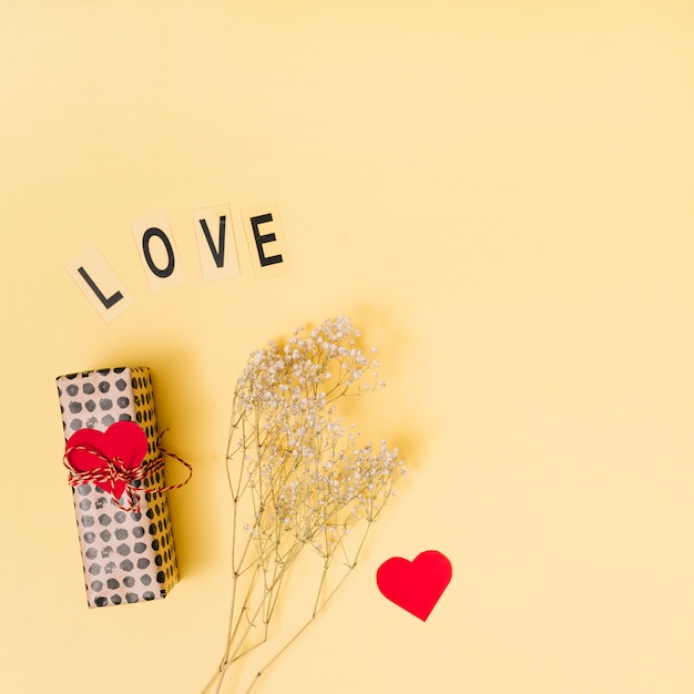 Free photo love title near present box, ornament heart and plants