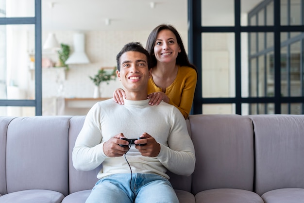 lovely couple enjoying games together