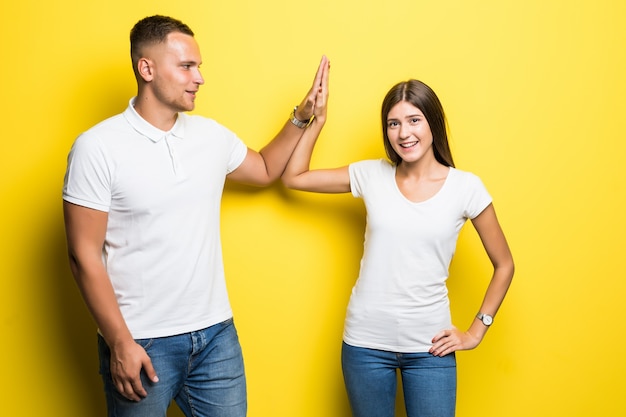 Lovely couple give five to each other agreement success concept