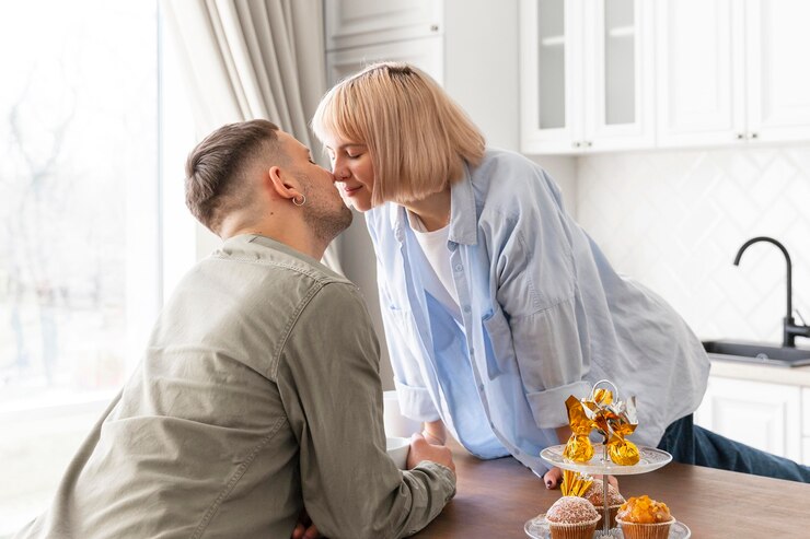 Free Photo lovely couple spending time together at home
