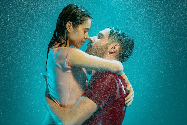 loving couple in rain