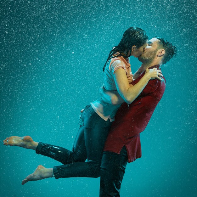 loving couple in rain