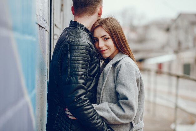 Loving couple walking around the park.