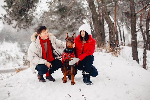 Loving couple walking in a winter park