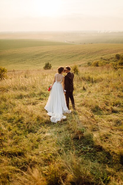 Loving couple wedding newlyweds outside at sunset in beautiful summer day