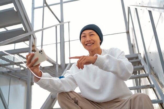low angle asian man with cancer outdoors