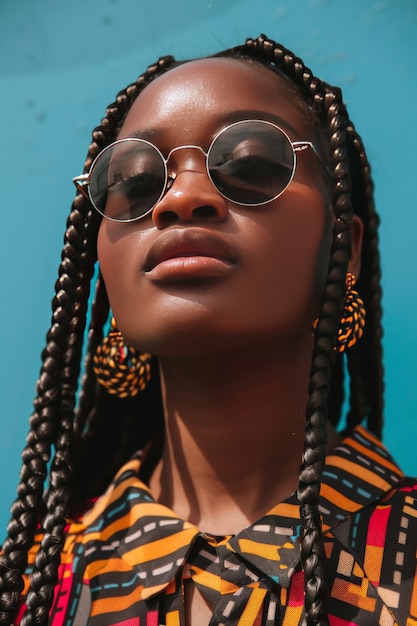 Free photo low angle beautiful woman with braids