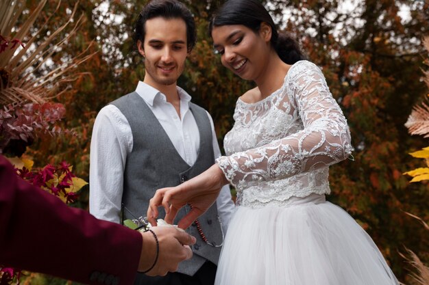 Low angle couple getting married