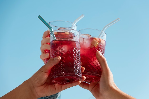 Low angle friends holding sangria drinks