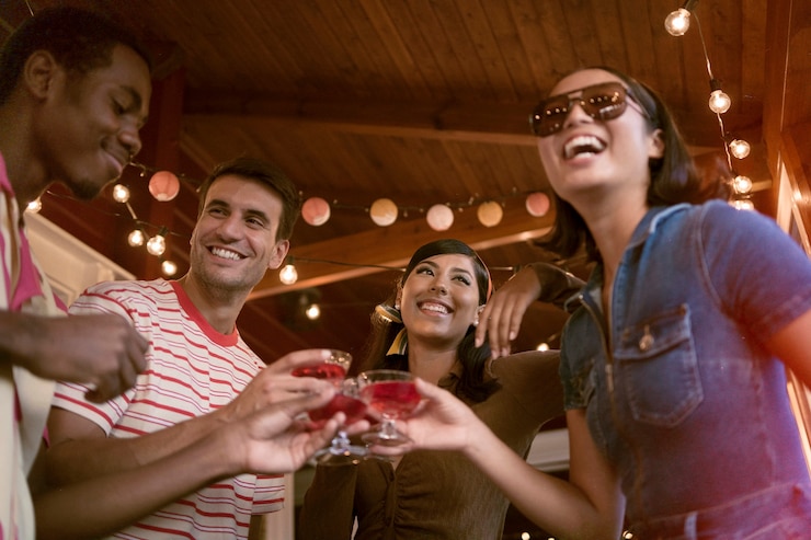Free Photo low angle friends partying together