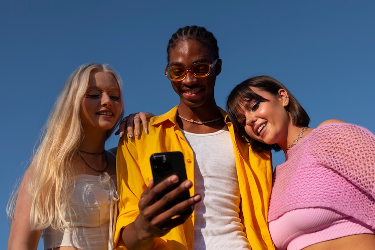 Free Photo low angle friends with graphic eye makeup