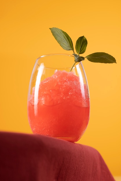 Low angle granita dessert with leaves