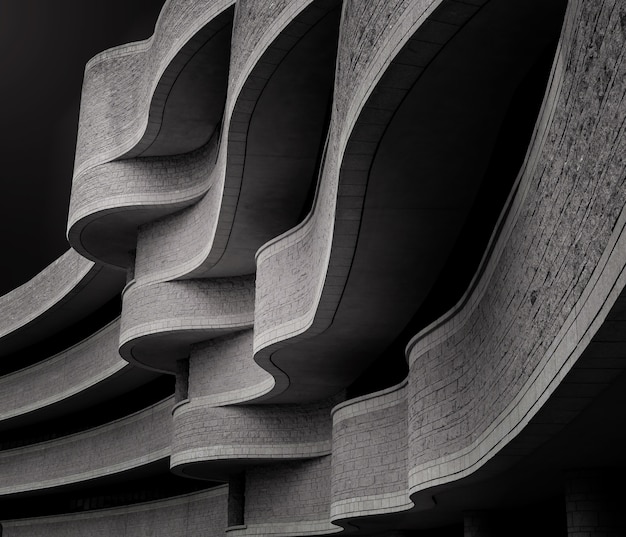 Low angle greyscale of a building with modern brutalist architecture under the sunlight