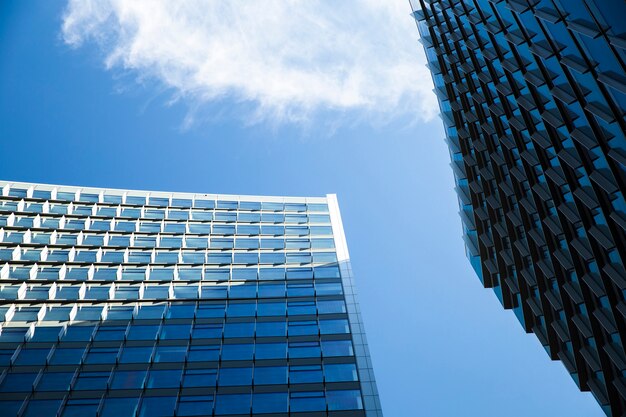 Low angle imposing buildings with shadows