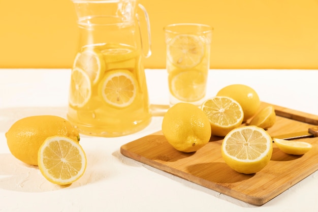 Free photo low angle lemonade process at home