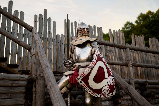 Бесплатное фото Человек с низким углом, выдающий себя за средневекового солдата.