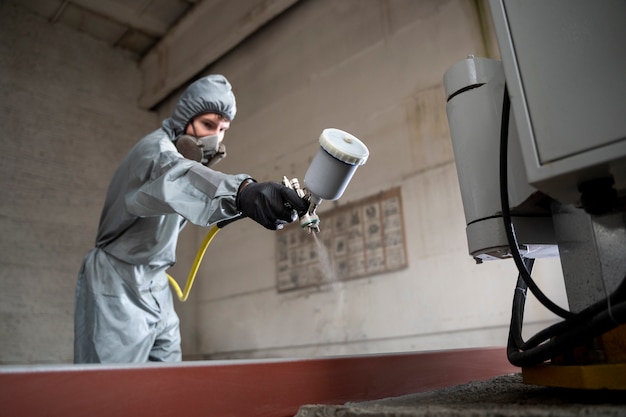 Free photo low angle man spraying powder paint from a gun