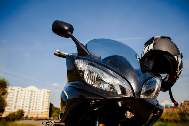 Low angle motorbike with helmet