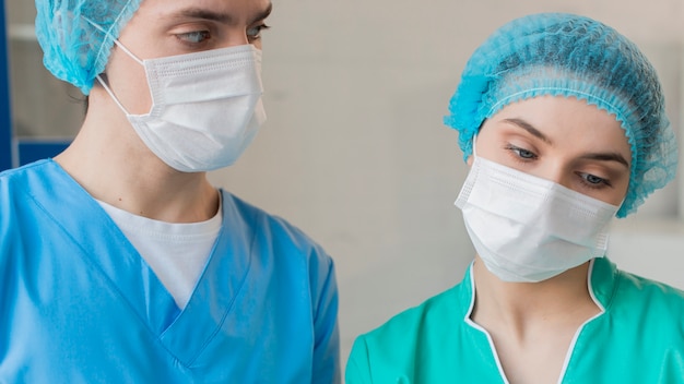 Low angle nurses working