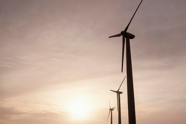 Бесплатное фото Низкий угол наклона ветряных турбин на закате, генерирующий энергию
