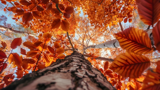 무료 사진 아름다운 가노피 를 가진 나무 의 낮은 각도 관점