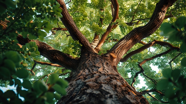 Foto gratuita perspettiva a basso angolo di un albero con un bellissimo baldacchino
