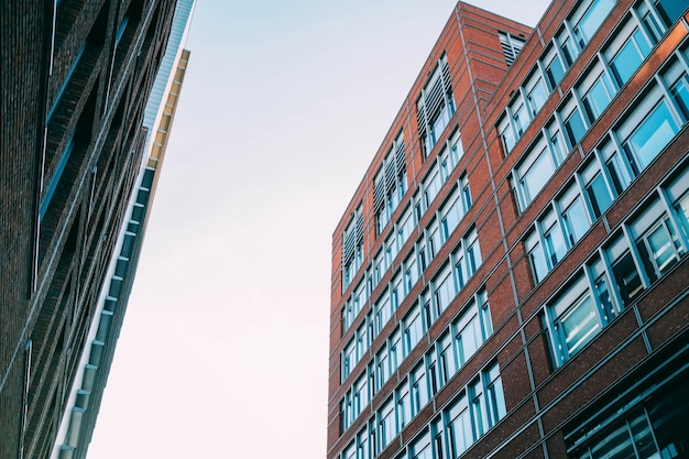 Low angle shot of concrete apartment buildings with a lot of windows