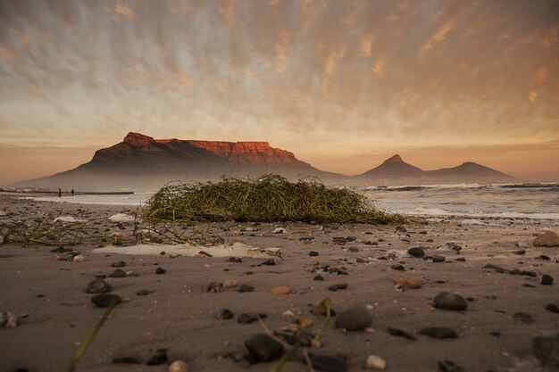 Low angle shot of a dirty beach with a cliff in the background on a cloudy day