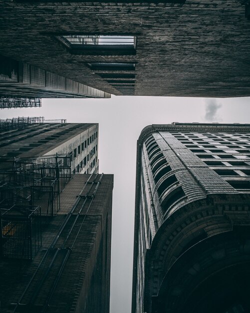 Low angle shot of the high buildings with metal stairs on a gloomy day