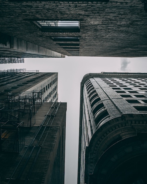 Low angle shot of the high buildings with metal stairs on a gloomy day