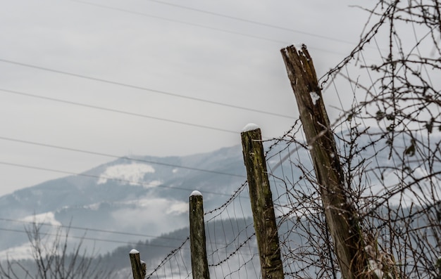 Low angle shot of an old fence with weathered wooden columns and barbed wires