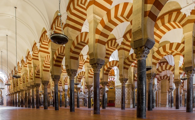 Low angle shot of patterned columns lined up inside a majestic cathedral in Spain